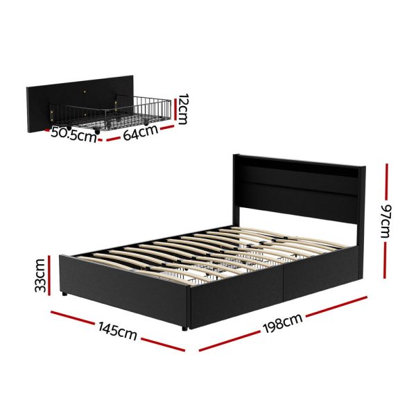 Artiss Bed Frame Double Size LED with 4 Drawers Black DUNN Online now