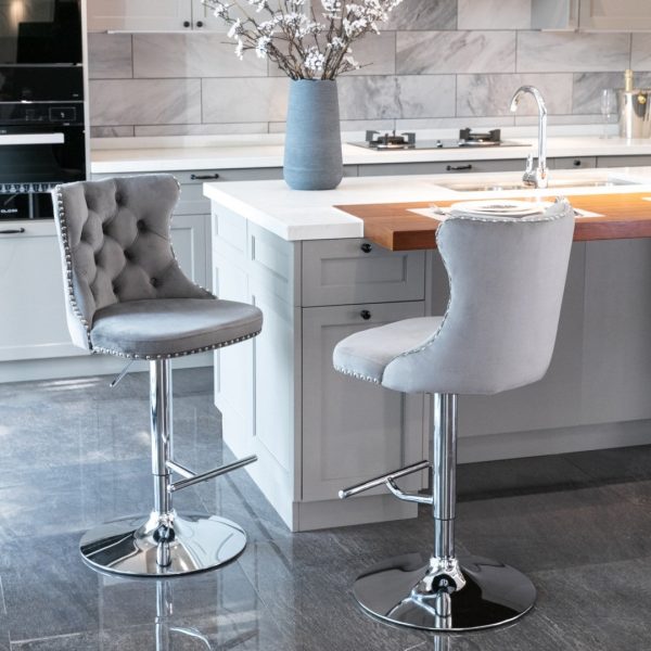 4x Height Adjustable Swivel Bar Stool Velvet Stud Barstool with Footrest and Chromed Base- Gray Fashion