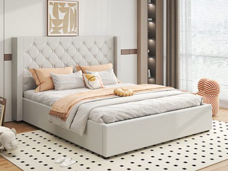 Veronica Bed Frame Double Size Winged Grey Linen Fabric Seam Grid Pattern with gas lift plywood metal structure For Discount