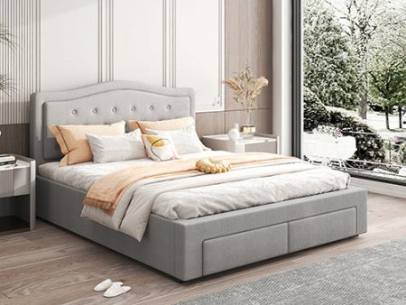 Emily Bed Frame Queen Size Velvet Fabric Grey Four MDF Drawers with Wheels Online now