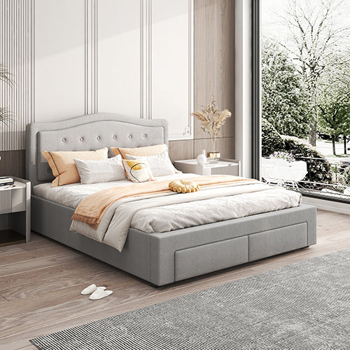 Emily Bed Frame Queen Size Velvet Fabric Grey Four MDF Drawers with Wheels Online now