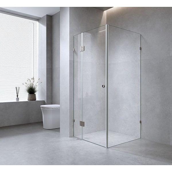 120x120cm Corner Frameless Shower Screen with Chrome Brackets and SS Hinges, Round Handle Supply