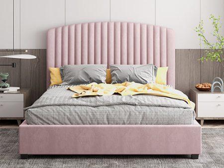 Camelia Double Size Bed Frame Pink Velvet Upholstery High Headboard Quality Slats Metal Structure For Cheap