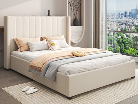 Alexa Queen Size High Rise Headboard Linen Beige Fabric Four MDF Drawers with Wheels Bed Frame For Sale