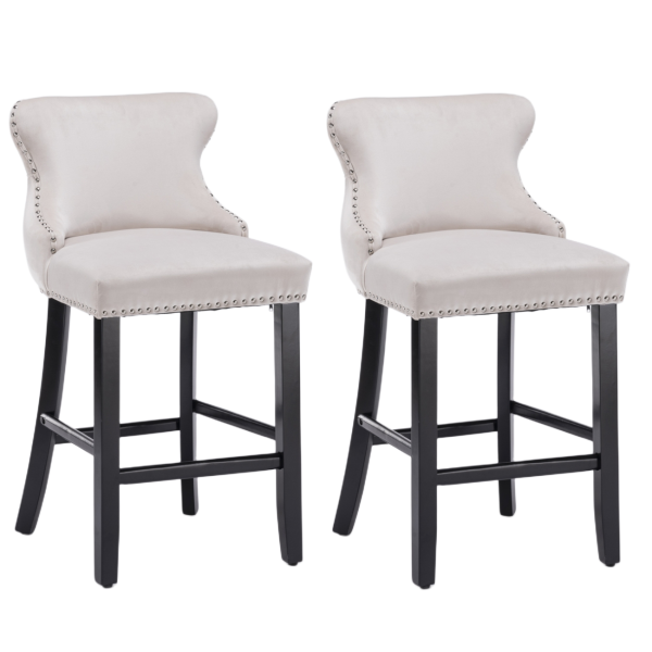 4x Velvet Upholstered Button Tufted Bar Stools with Wood Legs and Studs-Beige Online Sale