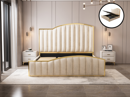 Elegant Luxury King Size Bedframe in Beige with Gas Lift Storage Velvet Fabric Golden Trim Hot on Sale