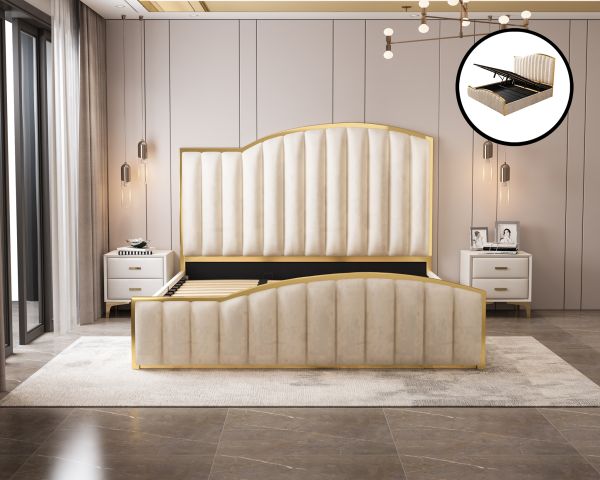 Elegant Luxury King Size Bedframe in Beige with Gas Lift Storage Velvet Fabric Golden Trim Hot on Sale