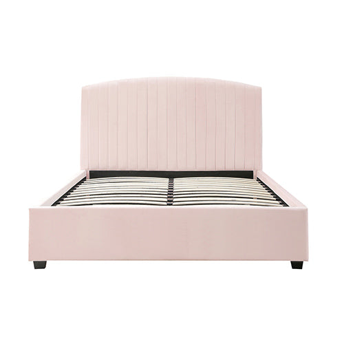 Camelia King Single Size Bed Frame Pink Velvet Upholstery High Headboard Quality Slats Metal Structure Online Sale