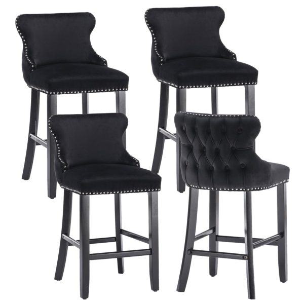 4x Velvet Upholstered Button Tufted Bar Stools with Wood Legs and Studs-Black Fashion