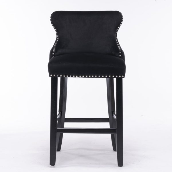 4x Velvet Upholstered Button Tufted Bar Stools with Wood Legs and Studs-Black Fashion