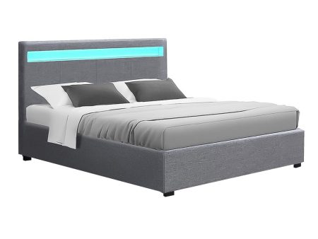 Artiss Bed Frame Double Size LED Gas Lift Grey COLE Discount