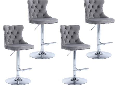 4x Height Adjustable Swivel Bar Stool Velvet Stud Barstool with Footrest and Chromed Base- Gray Fashion