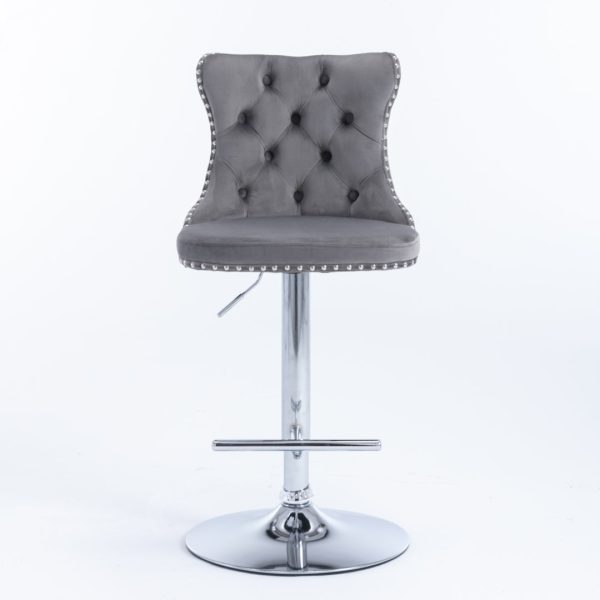 4x Height Adjustable Swivel Bar Stool Velvet Stud Barstool with Footrest and Chromed Base- Gray Fashion