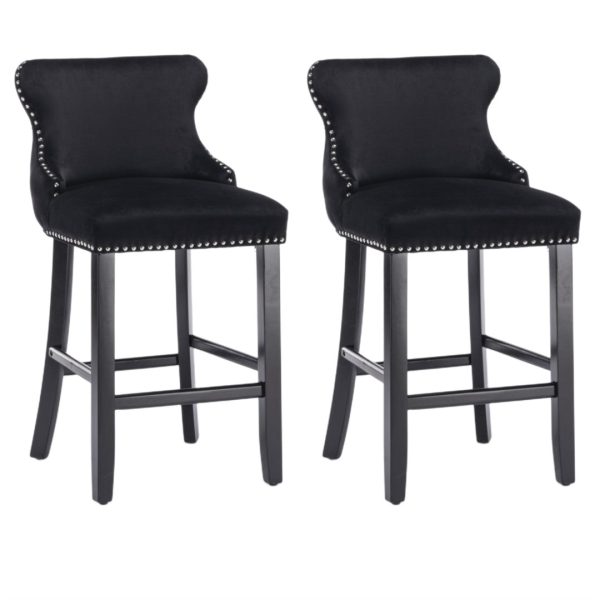 4x Velvet Upholstered Button Tufted Bar Stools with Wood Legs and Studs-Black Fashion