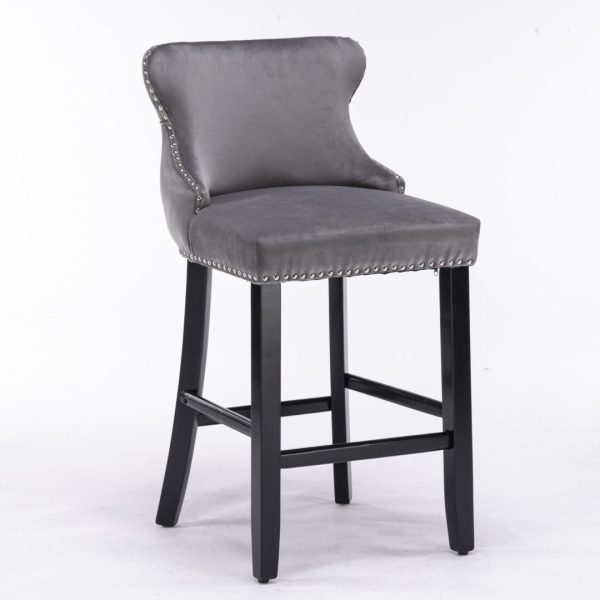 4x Velvet Upholstered Button Tufted Bar Stools with Wood Legs and Studs-Grey For Discount