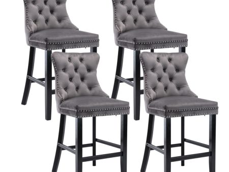 4X Velvet Bar Stools with Studs Trim Wooden Legs Tufted Dining Chairs Kitchen Fashion