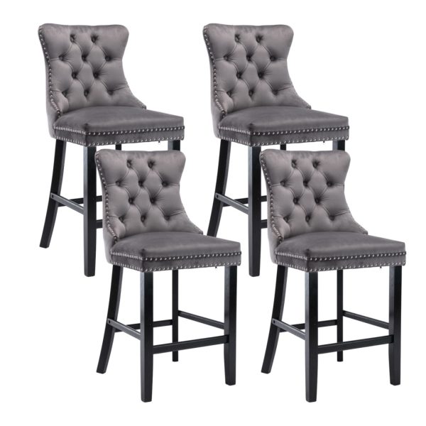 4X Velvet Bar Stools with Studs Trim Wooden Legs Tufted Dining Chairs Kitchen Fashion