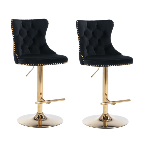 4x Height Adjustable Swivel Bar Stool Velvet Studs Barstool with Footrest and Golden Base- Black Supply