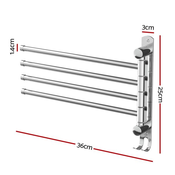 Towel Rail Rack Holder 4 Bars Wall Mounted Stainless Steel Swivel Hanging Hook on Sale