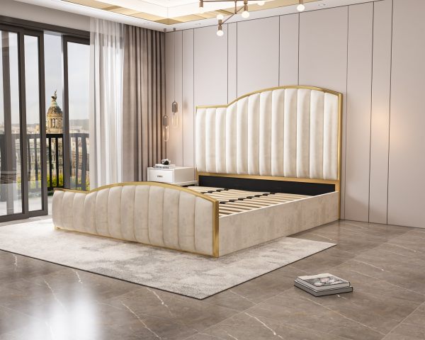 Elegant Luxury King Size Bedframe in Beige with Gas Lift Storage Velvet Fabric Golden Trim Hot on Sale