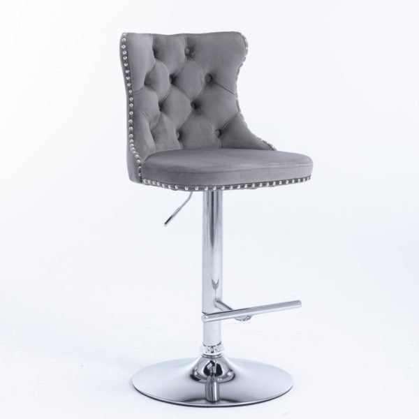 4x Height Adjustable Swivel Bar Stool Velvet Stud Barstool with Footrest and Chromed Base- Gray Fashion