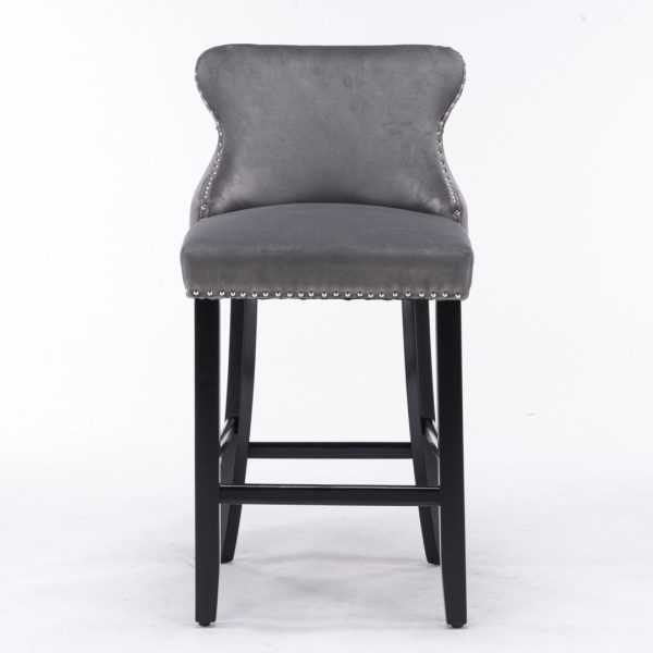 4x Velvet Upholstered Button Tufted Bar Stools with Wood Legs and Studs-Grey For Discount