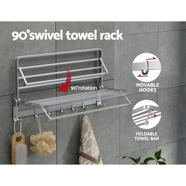 Towel Rail Rack Holder 4 Bars Wall Mounted Aluminium Foldable Hanging Hook Discount