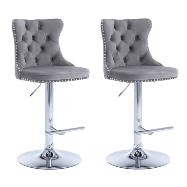 4x Height Adjustable Swivel Bar Stool Velvet Stud Barstool with Footrest and Chromed Base- Gray Fashion