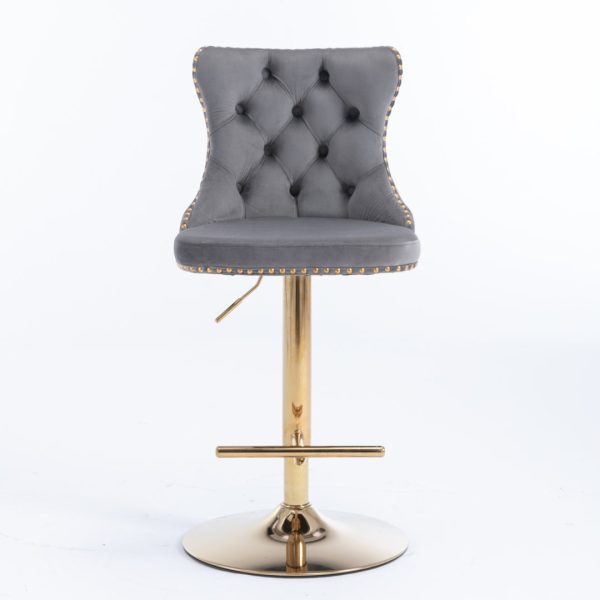 4x Height Adjustable Swivel Bar Stool Velvet Studs Barstool with Footrest and Golden Base- Grey Online now