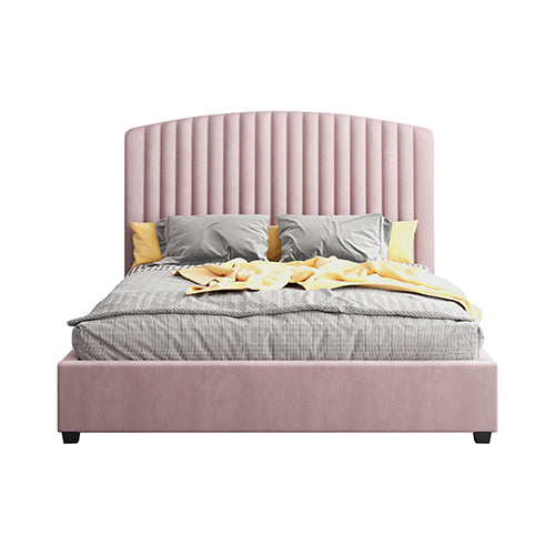 Camelia King Single Size Bed Frame Pink Velvet Upholstery High Headboard Quality Slats Metal Structure Online Sale