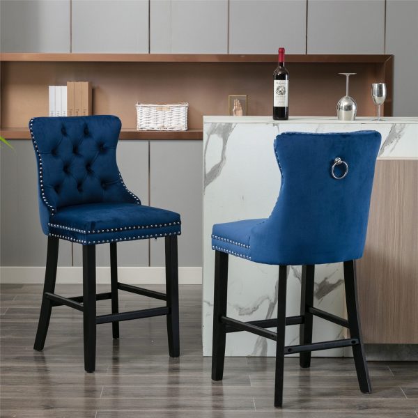 4X Velvet Bar Stools with Studs Trim Wooden Legs Tufted Dining Chairs Kitchen Cheap