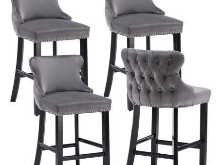 4x Velvet Upholstered Button Tufted Bar Stools with Wood Legs and Studs-Grey For Discount