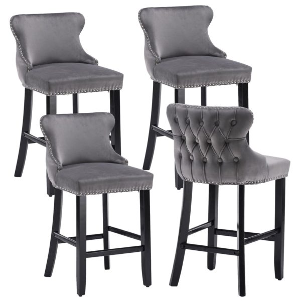 4x Velvet Upholstered Button Tufted Bar Stools with Wood Legs and Studs-Grey For Discount