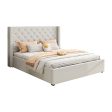 Veronica Bed Frame Double Size Winged Grey Linen Fabric Seam Grid Pattern with gas lift plywood metal structure For Discount