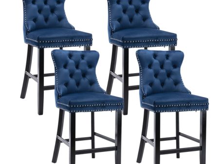 4X Velvet Bar Stools with Studs Trim Wooden Legs Tufted Dining Chairs Kitchen Cheap