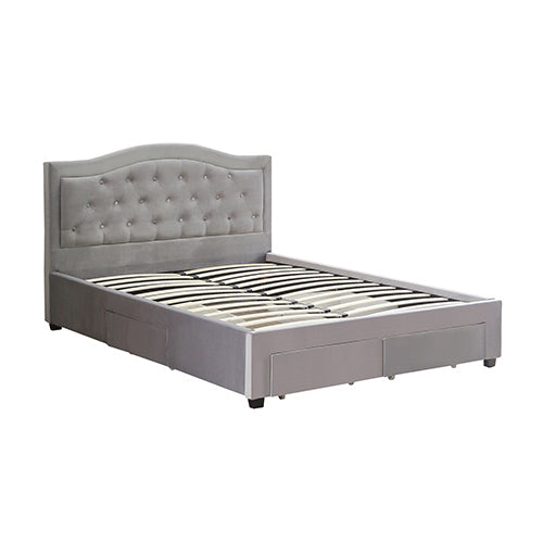 Emily Bed Frame Queen Size Velvet Fabric Grey Four MDF Drawers with Wheels Online now