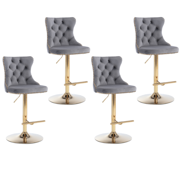 4x Height Adjustable Swivel Bar Stool Velvet Studs Barstool with Footrest and Golden Base- Grey Online now