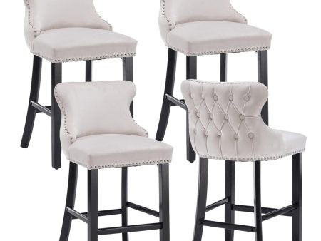 4x Velvet Upholstered Button Tufted Bar Stools with Wood Legs and Studs-Beige Online Sale