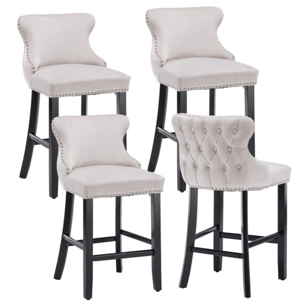 4x Velvet Upholstered Button Tufted Bar Stools with Wood Legs and Studs-Beige Online Sale