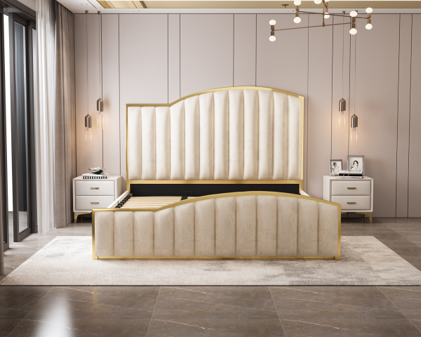 Elegant Luxury King Size Bedframe in Beige with Gas Lift Storage Velvet Fabric Golden Trim Hot on Sale