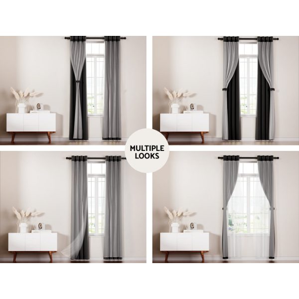 Artiss 2X 132x213cm Blockout Sheer Curtains Black Discount