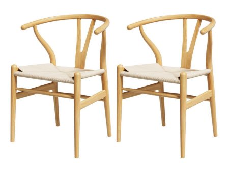 1 Set of 2 Artiss Dining Chairs Wooden Rattan Seat Wishbone Back For Cheap