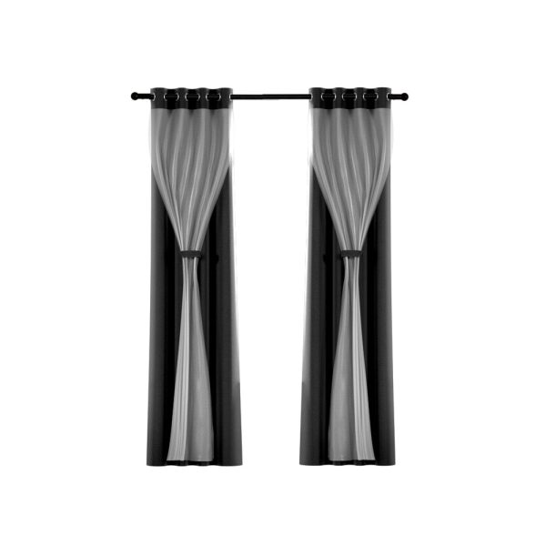 Artiss 2X 132x213cm Blockout Sheer Curtains Black Discount